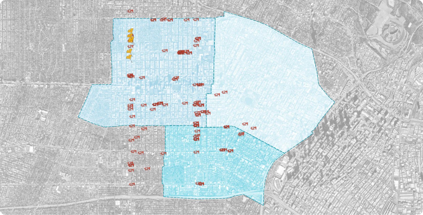 A map of central Los Angeles with the Koreatown, Westlake, and Pico-Union neighborhoods highlighted in blue and marked with red points of interest.